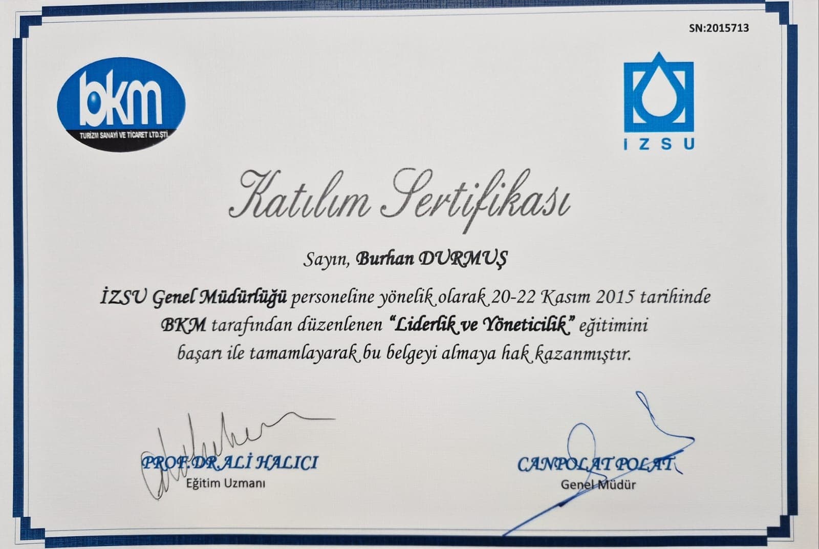 2015 tarihli liderlik ve yöneticilik katılım sertifikası