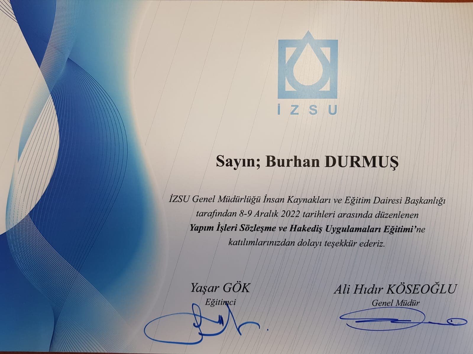2022 tarihli İZSU yapım işleri sözleşme ve hakediş uygulamaları eğitimi sertifikası