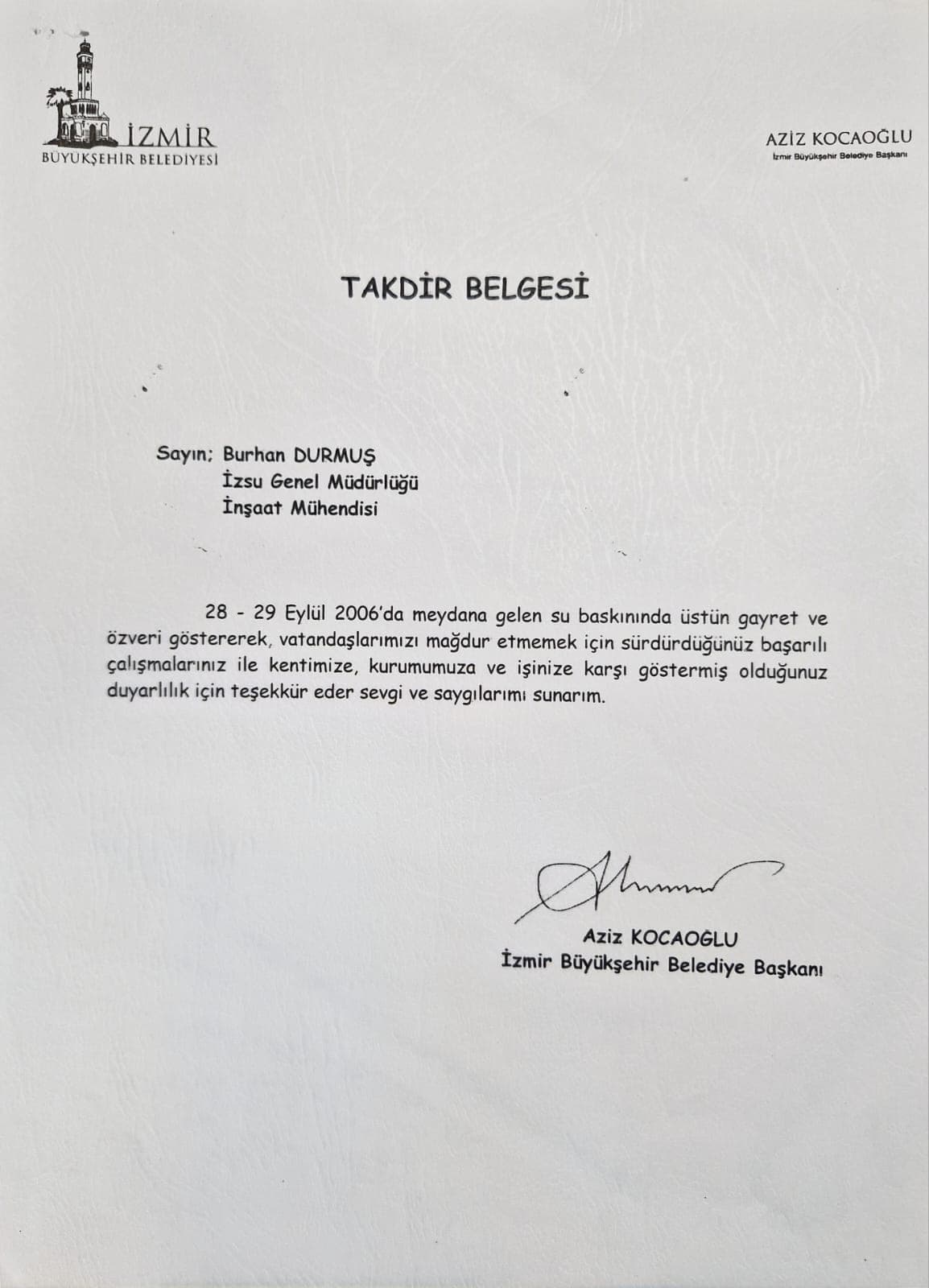 2006 tarihli İzmir Büyükşehir Belediyesi takdir belgesi